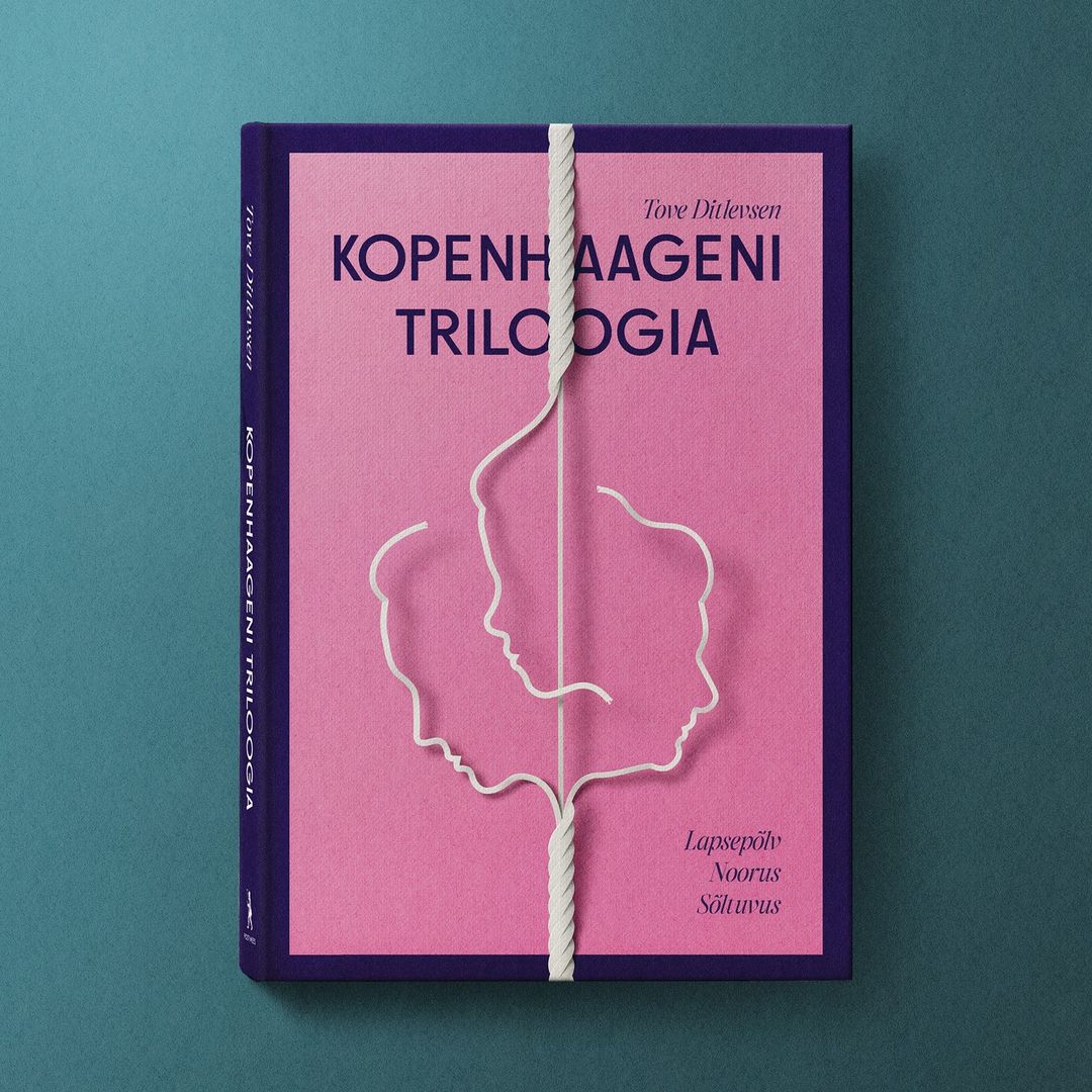 Book cover featuring a pink background, a purple border, and a white string forming a silhouette of three faces in profile.
