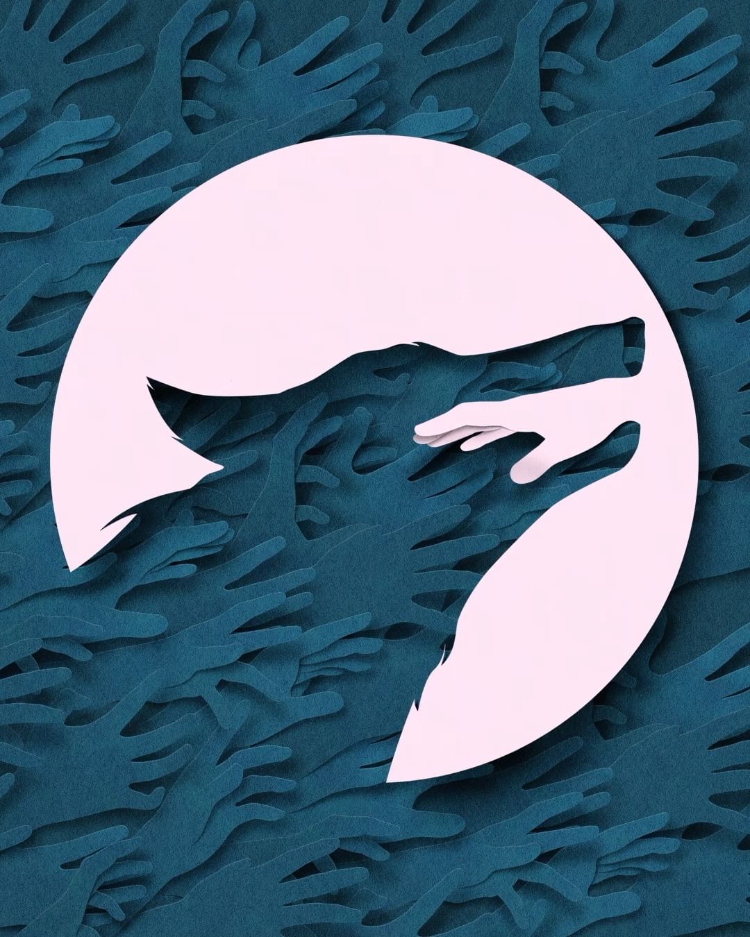 Stylized art of hands reaching out from a textured dark turquoise background toward a white circular shape containing another hand.