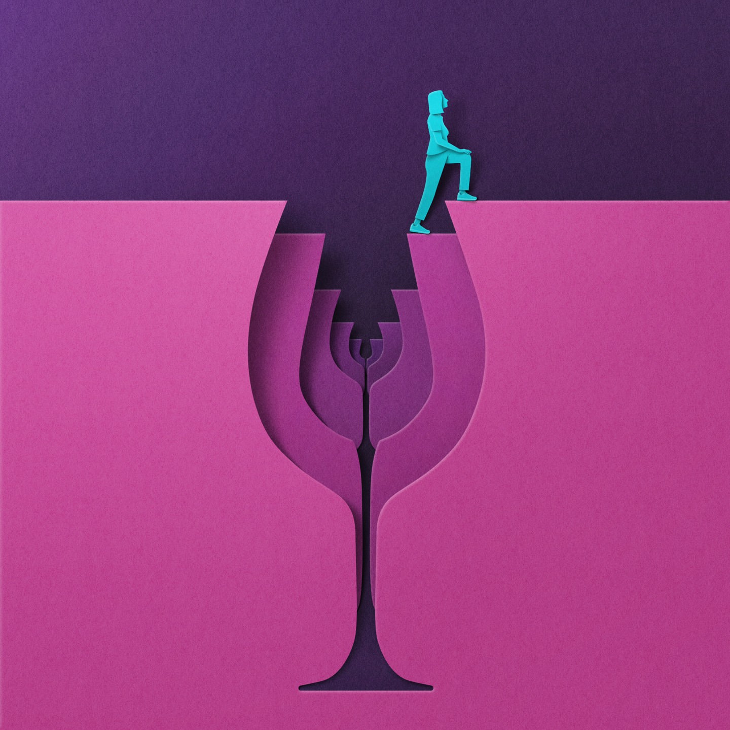 Paper art featuring a blue cutout figure stepping onto a pink paper cutout wine glass against a purple background, stylized and vibrant.