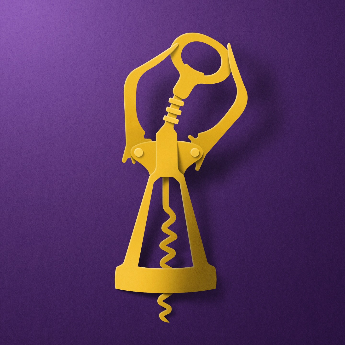 Graphic paper art of a yellow winged corkscrew opener on a purple background, featuring a classic helix design for wine bottle opening.