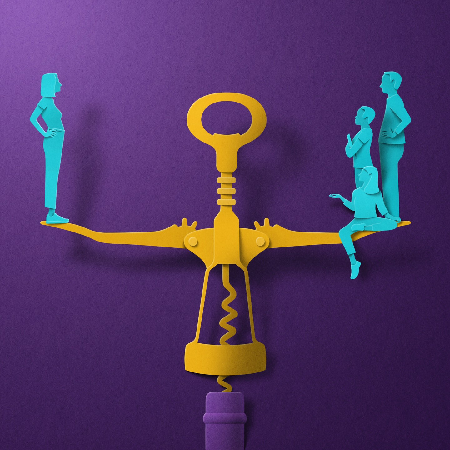 Conceptual paper art featuring family balanced against woman on a vintage corkscrew scale against a purple backdrop.