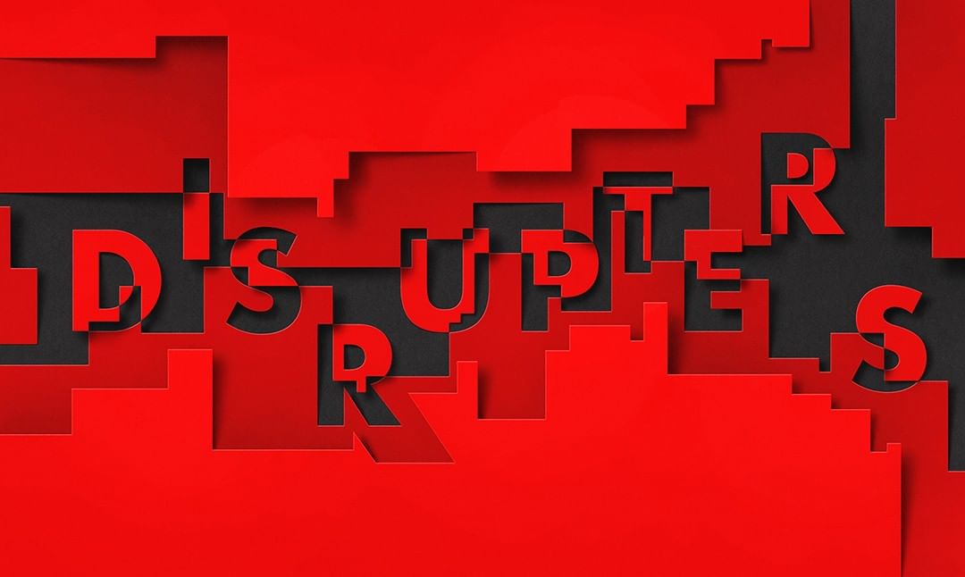 Abstract red-colored lettering art against a dark gray background, featuring layered elements and cutout letters in a dynamic composition.