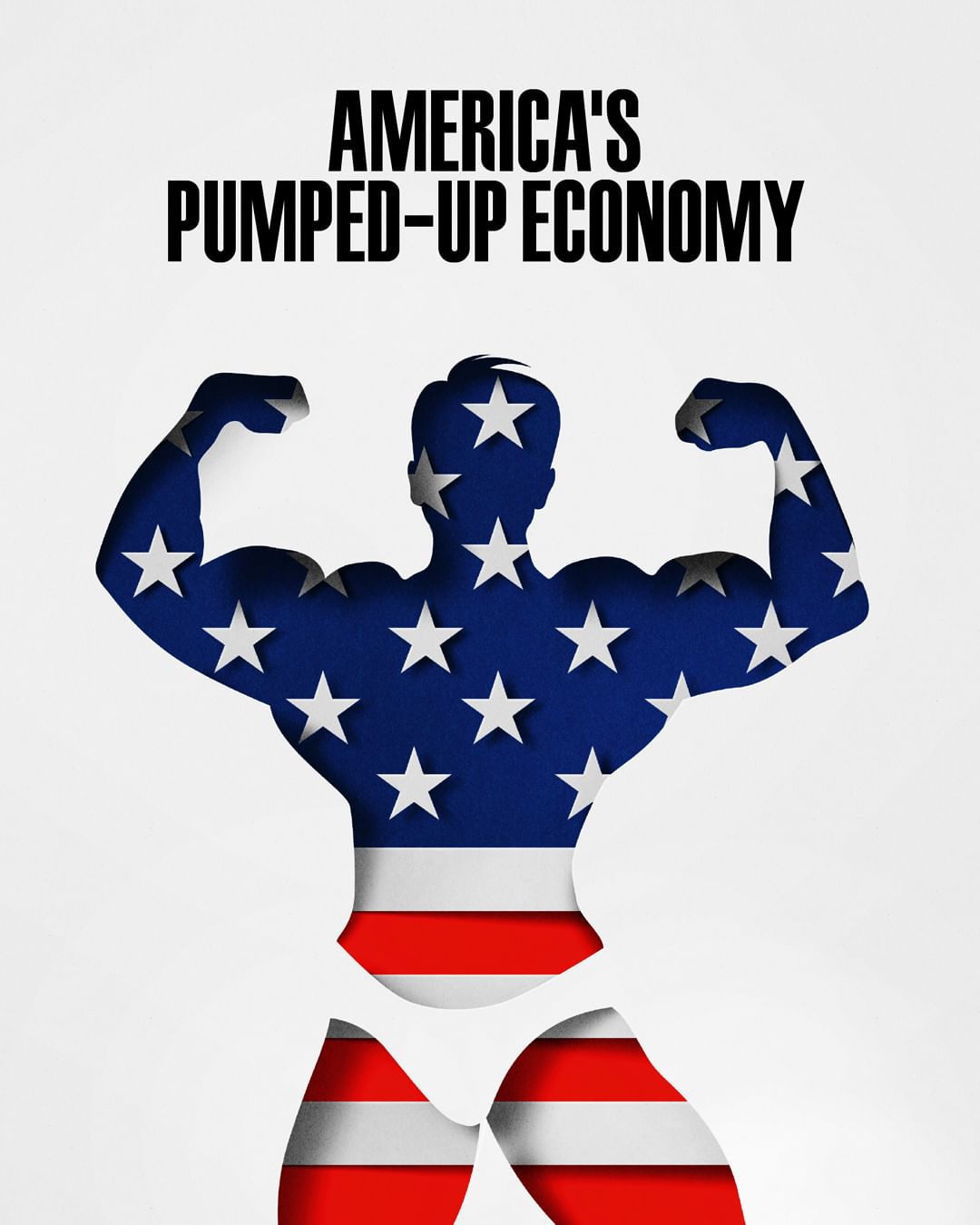 Illustration of muscular human silhouette filled with the American flag, conveying economic strength and national pride, set on a white background.