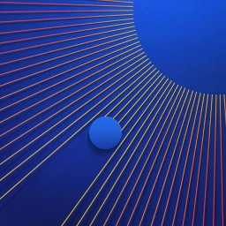 Blue paper art illustration with radial lines and a central blue circular element by Eiko Ojala.