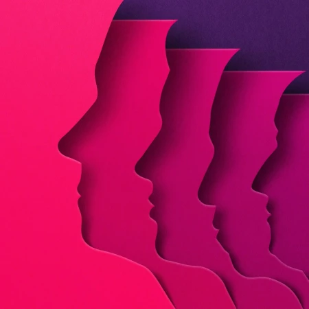 Paper art illustration by Eiko Ojala showing four layered magenta profile silhouettes against a dark purple background.