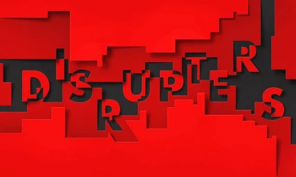 Layered red paper art illustration with cutout typography spelling disruptors by Eiko Ojala