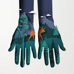 Paper art illustration by Eiko Ojala showing two layered paper hands framing a forest landscape with a moose