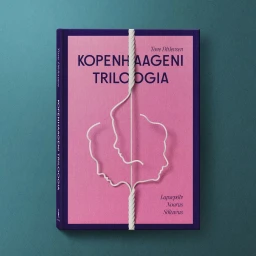 Closed purple book with a pink cover featuring abstract white cord illustration of two faces by Eiko Ojala