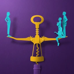 Paper art illustration by Eiko Ojala showing blue paper figures on a yellow corkscrew scale against purple background.