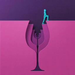 Paper art illustration of a turquoise silhouette figure stepping over a canyon formed by cascading wine glasses against purple background.