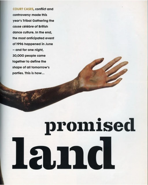Arm and hand covered in brown powder reaching out over the words 'promised land' in a magazine advertisement with white background.