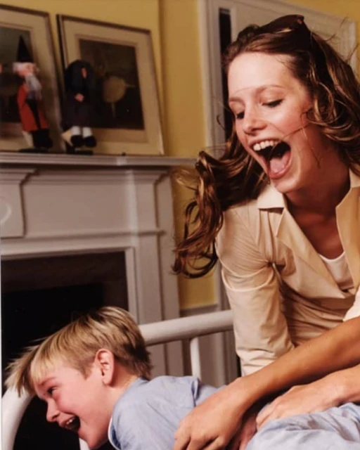 A mother and child share a laugh indoors; the woman smiles broadly with the child laughing, both appearing joyful in a bright indoor setting.