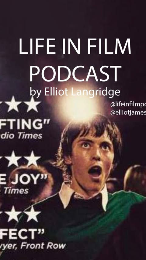 Poster of a young man with an open mouth expression and green rugby shirt alongside text promoting a film podcast.
