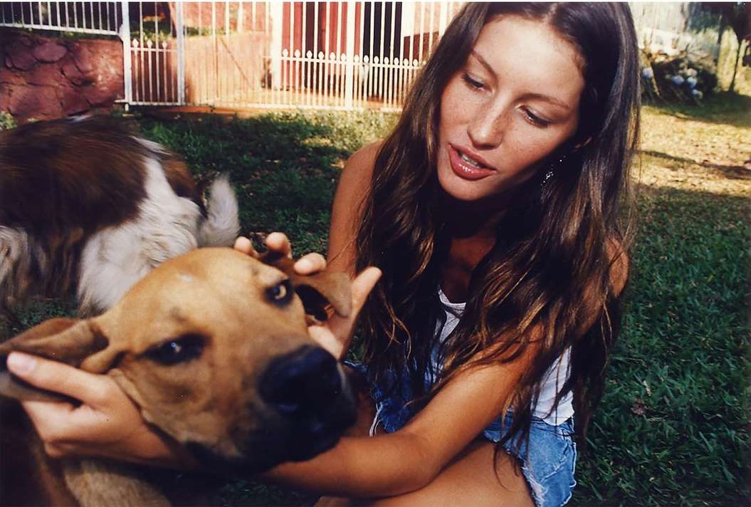 Adult woman with long hair petting a brown dog in a backyard setting; lush green grass, white fence, and a red-rocked wall.