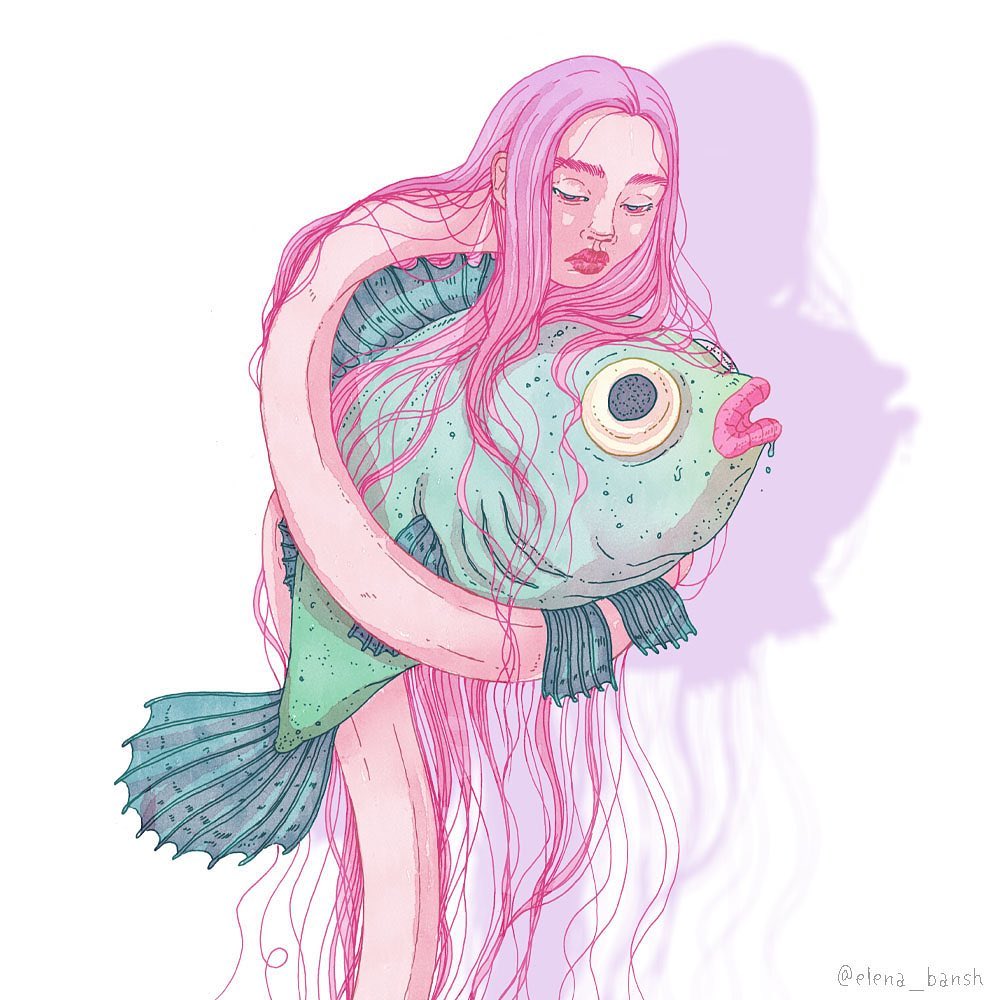 Illustration of a woman with pink hair embracing a large fish against a white backdrop with a subtle lilac shadow.