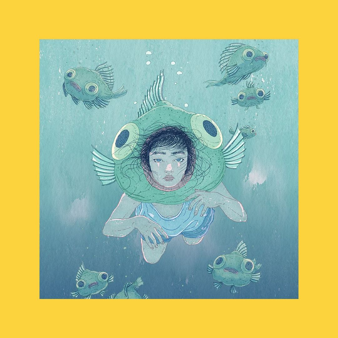 Illustration of a person in a fish headpiece surrounded by cartoon fish in an underwater scene with blue water and light.