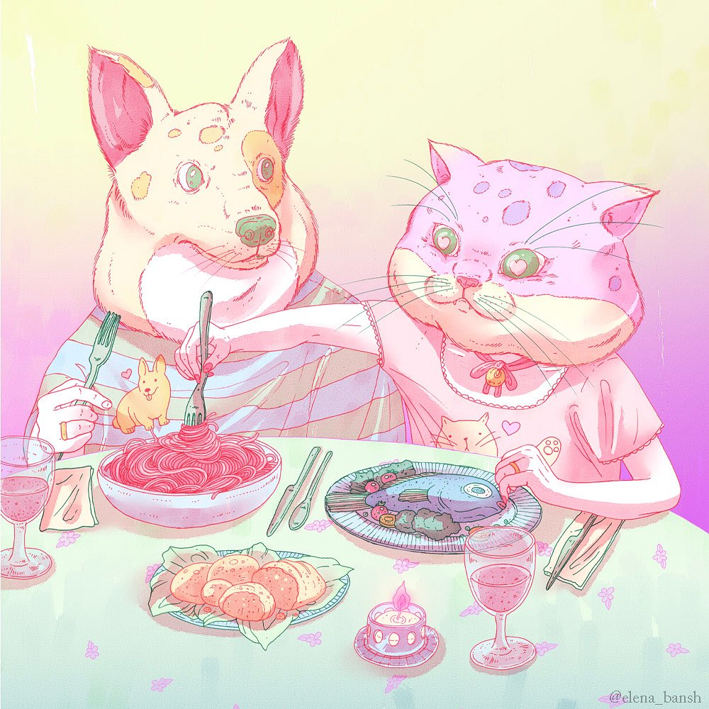 Whimsical digital illustration of a dog and cat at a table with spaghetti, fish, bread, and wine in a pastel color palette.