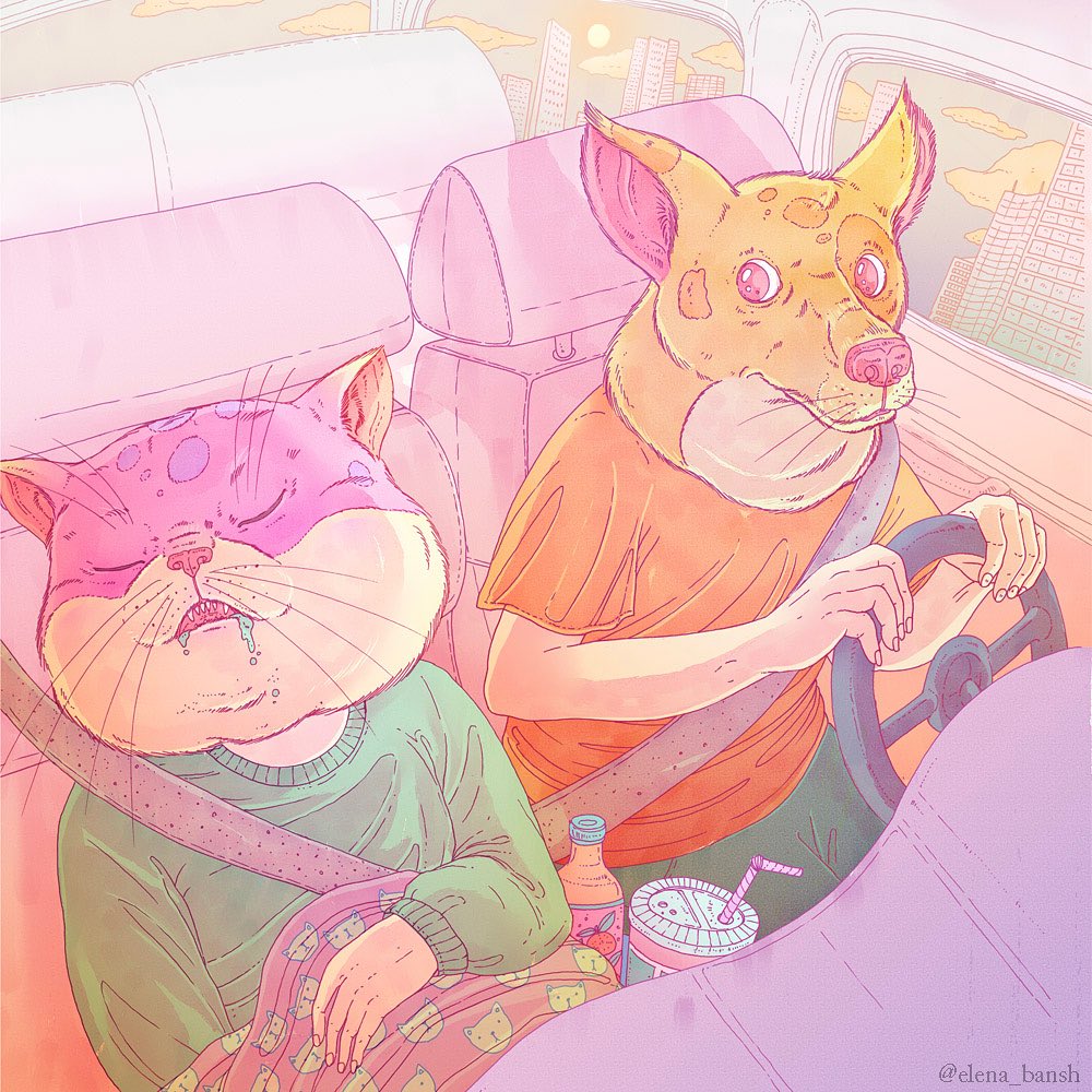 Illustration of a dog driving a car while a cat sleeps in the passenger seat, creating a whimsical and colorful scene.