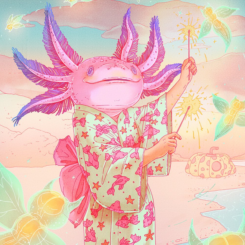 Illustration of a human figure with an axolotl head wearing a kimono, holding sparklers on a sandy beach with stylized waves and creatures.
