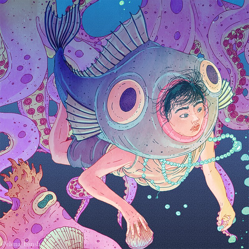 Illustration of a woman with dark hair wearing a fish headpiece and holding a shell, surrounded by octopus tentacles underwater.