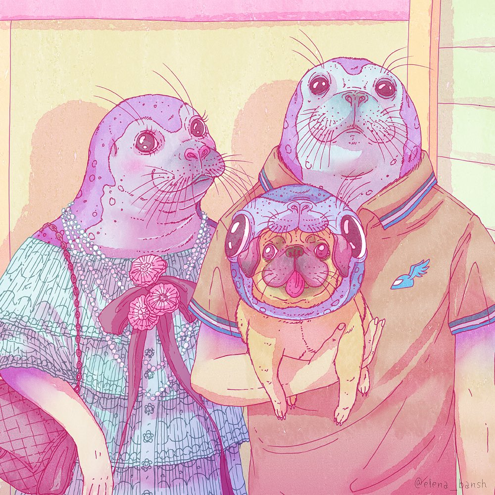 Anthropomorphic seal family illustration with mother, father, and pug dog child in a helmet. Fantasy art with charming pastel palette.