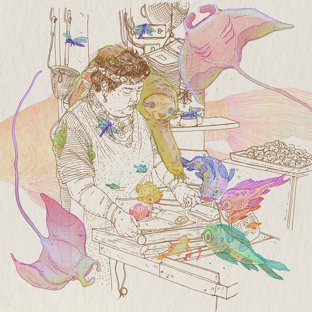 Illustration of an elderly woman at a counter surrounded by colorful fish and manta rays, crafted with detailed line work and soft colors.