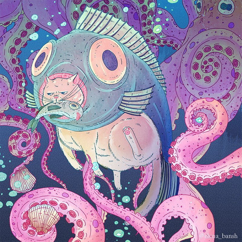 Whimsical illustration featuring a cat wearing a fish costume, complete with octopus tentacles and seashells in a blue and purple palette.