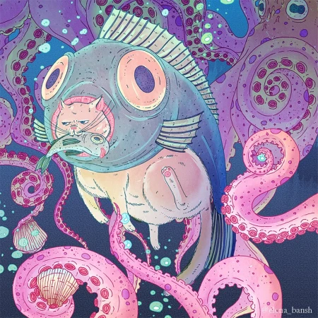 Whimsical illustration featuring a cat wearing a fish costume, complete with octopus tentacles and seashells in a blue and purple palette.