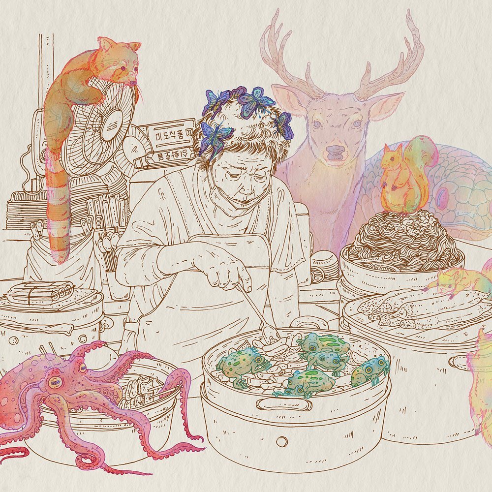 Illustration of an older woman cooking with an octopus, red panda, squirrel, deer, and frogs in food pots, in an imaginative food scene.