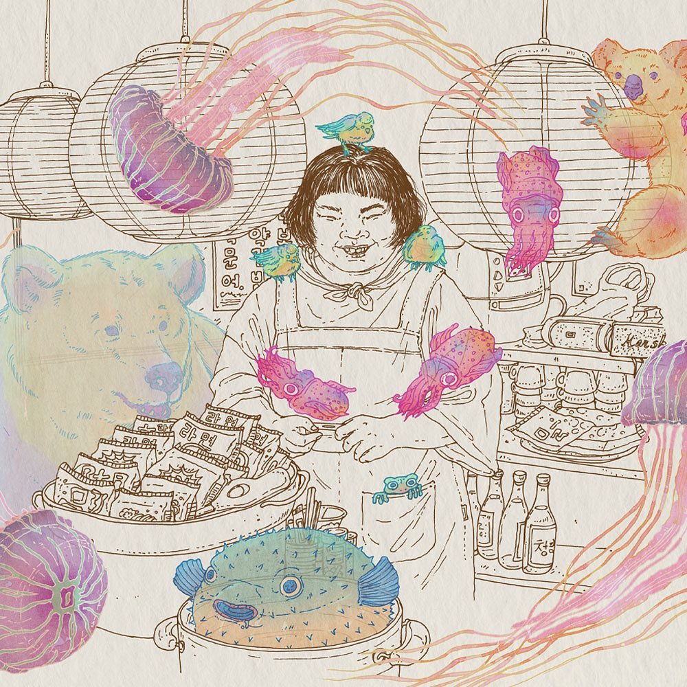 Illustration of a smiling woman in apron, surrounded by whimsical sea creatures, birds, and food items in a light, airy setting.