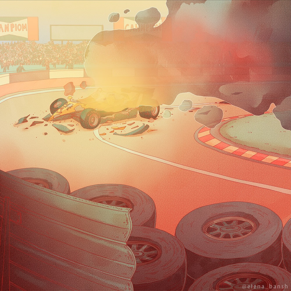 Illustration of a car crash during a race, with smoke rising from the vehicle and tires stacked along the side of the track.