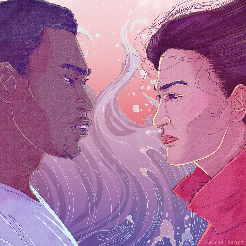 Illustration of two adult humans facing each other against a backdrop of stylized waves and sunset-like gradients of pink and orange.