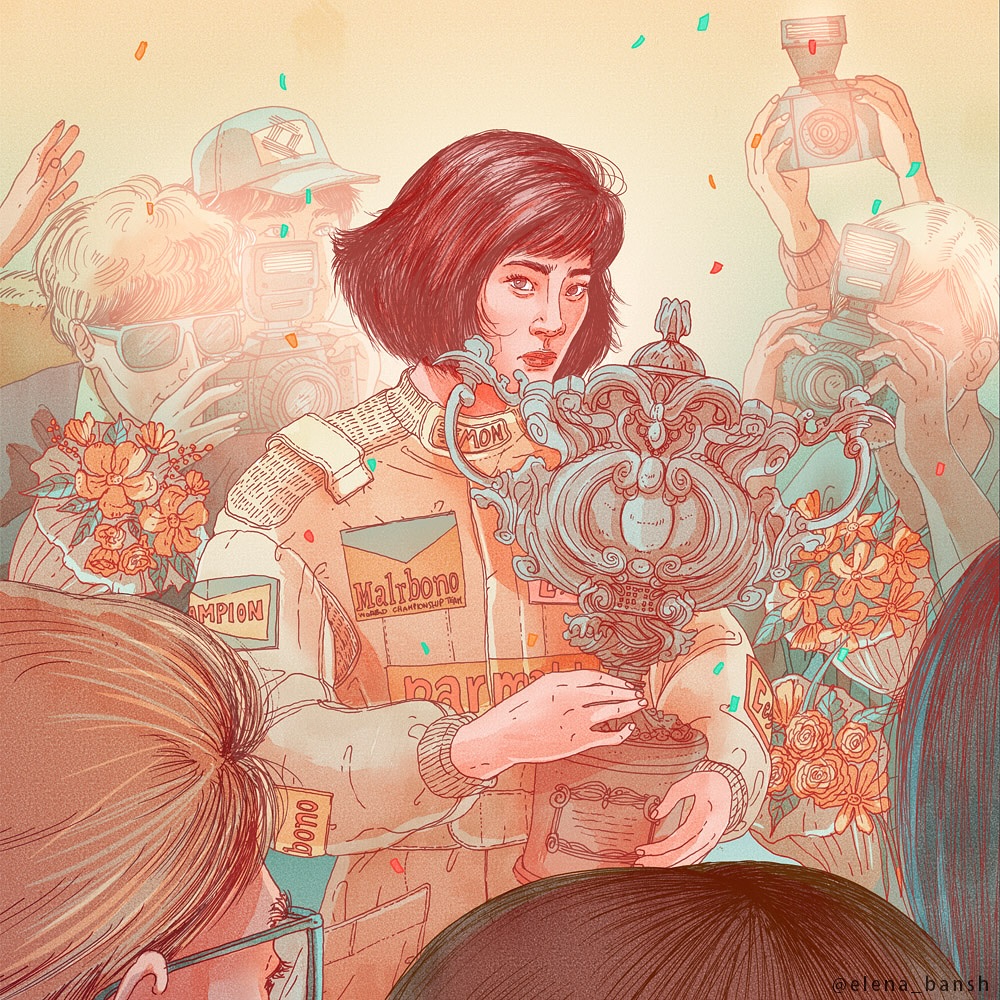 Illustration of a female race car driver, victorious and holding a trophy, surrounded by cameras and flowers, with confetti falling.