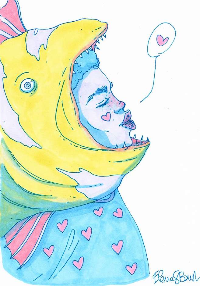 Illustration of a person in a yellow fish costume with a heart-shaped bubble. The person has heart shapes on their face.