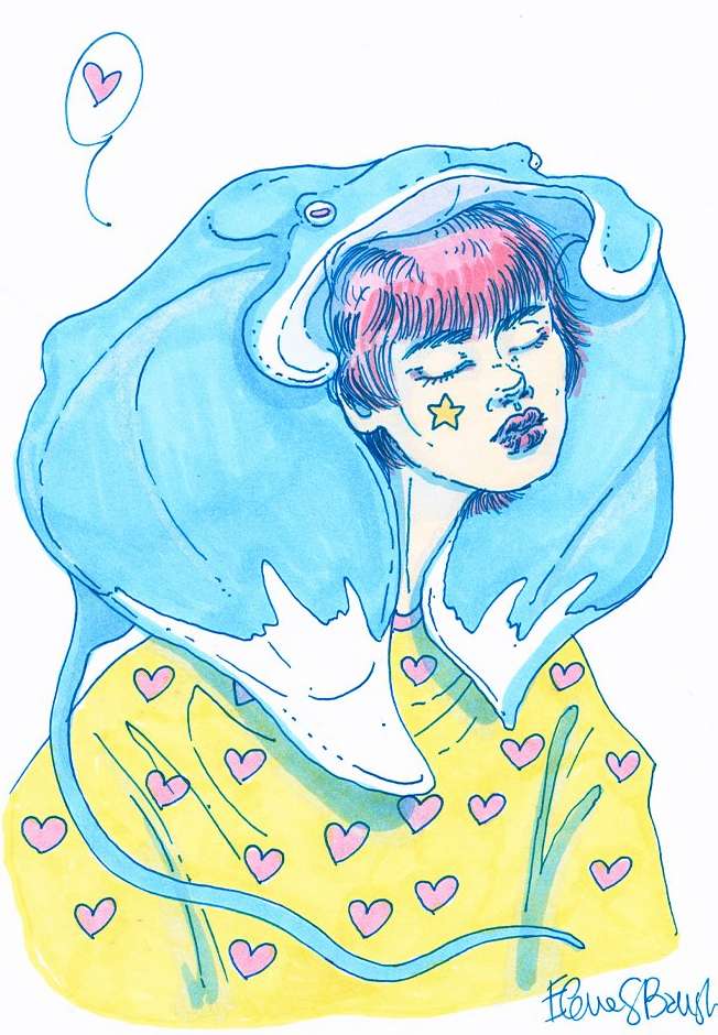 Illustration of a person with closed eyes wearing a stingray hood and a yellow heart-patterned shirt, in an indoor setting.