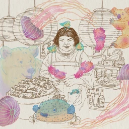 Detailed ink and watercolour illustration of a smiling person surrounded by floating jellyfish, birds, a bear, and a koala in a shop
