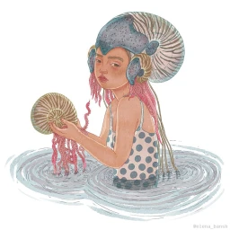 Illustrated portrait of a woman wearing a nautilus shell headdress holding a chambered nautilus shell while wading in water