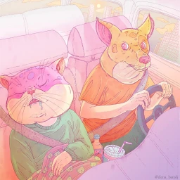 An anthropomorphic dog drives a car while an anthropomorphic cat sleeps in the passenger seat, in pastel illustration.