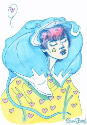 Illustration of a person with pink hair wearing a blue manta ray hat and a yellow heart-patterned shirt against a white background.