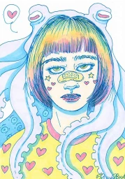 Colorful illustration by Elena Galofaro Bansh of a young woman with a bandage on her nose and a frog hat.