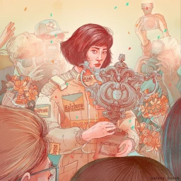 Illustration by Elena Galofaro Bansh of a female racing driver holding an ornate trophy surrounded by photographers.