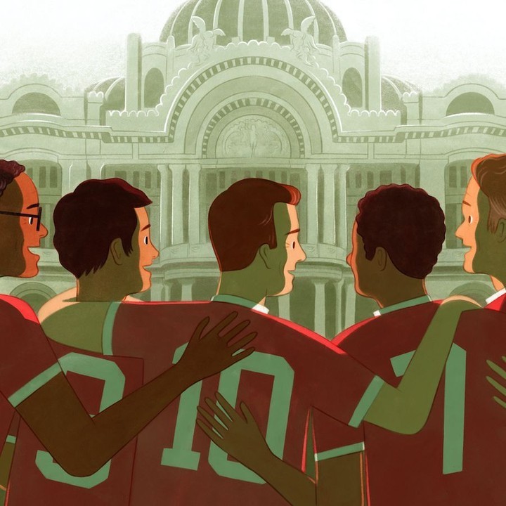 Illustration of five cartoon men wearing red sports jerseys with number designs, embracing in front of an ornate domed building.