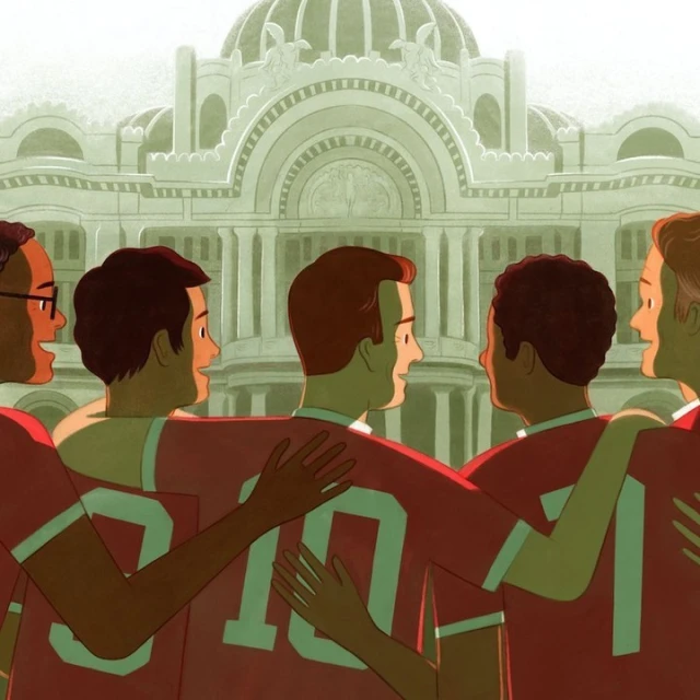 Illustration of five cartoon men wearing red sports jerseys with number designs, embracing in front of an ornate domed building.