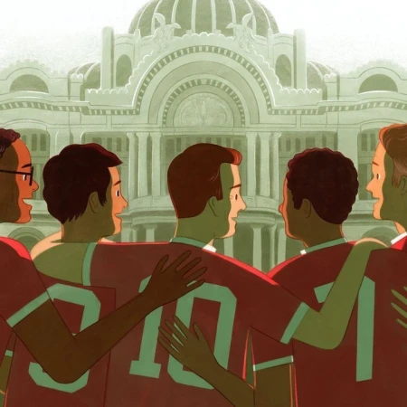 Illustration of five cartoon men wearing red sports jerseys with number designs, embracing in front of an ornate domed building.