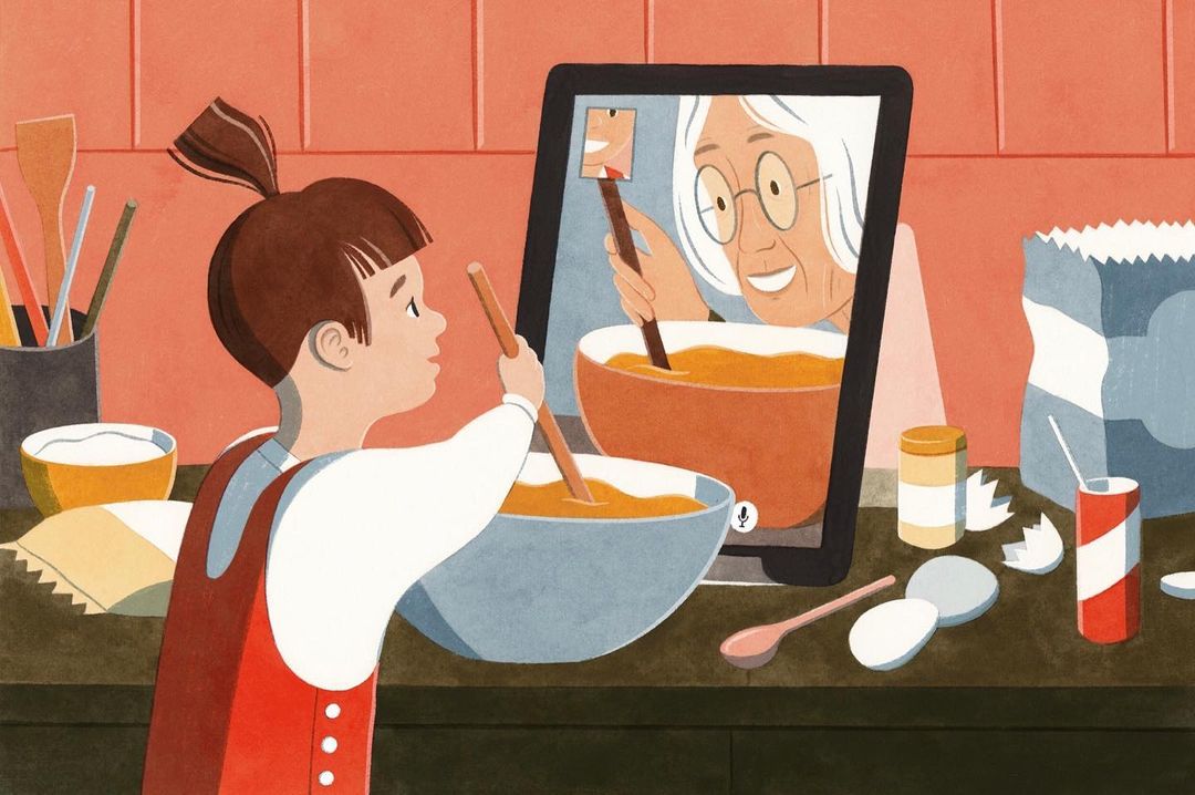 Illustration of a child video chatting with their grandmother while baking, showing the girl stirring a bowl and grandma on a tablet screen.