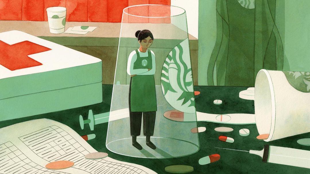Digital art illustration featuring a sad barista inside a glass, surrounded by medicines, syringes, and a Starbucks cup.