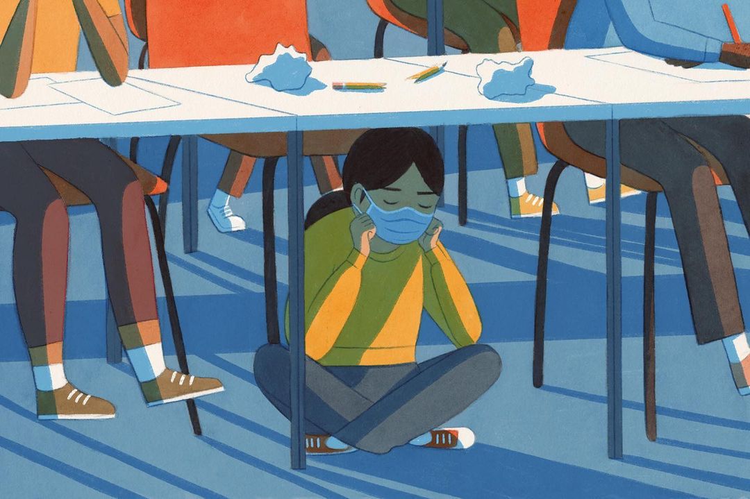 Illustration of a seated young woman wearing a surgical mask, surrounded by desks and legs of other students in a classroom.
