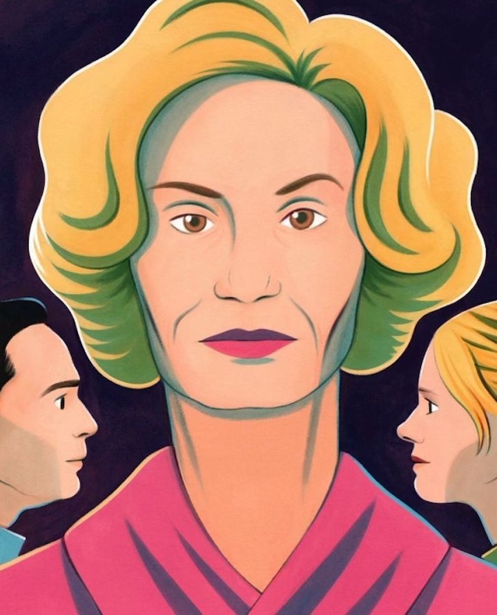 Illustration of a woman with blonde hair and a pink dress. Two people are in the background looking towards the woman's face.