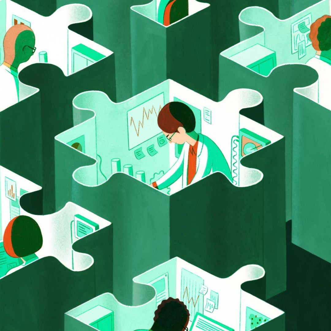 Illustration of people working in a lab or office environment, depicted as puzzle pieces fitting together, rendered in shades of green.