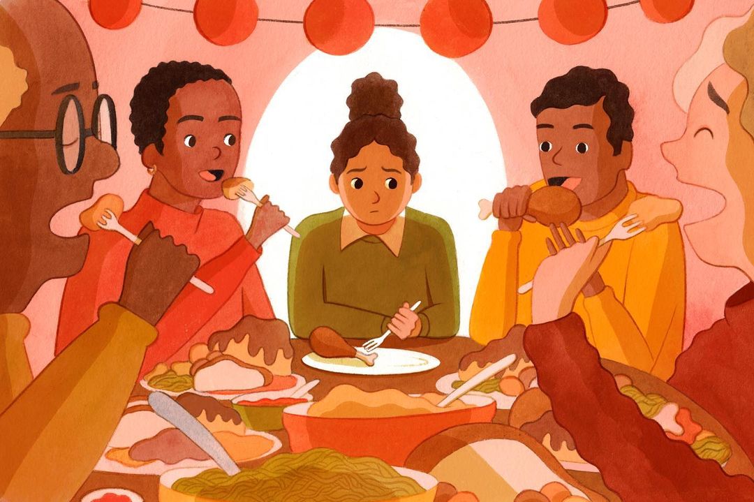 Illustration of a diverse group eating Thanksgiving dinner together around a table, featuring traditional holiday foods, and decorations.